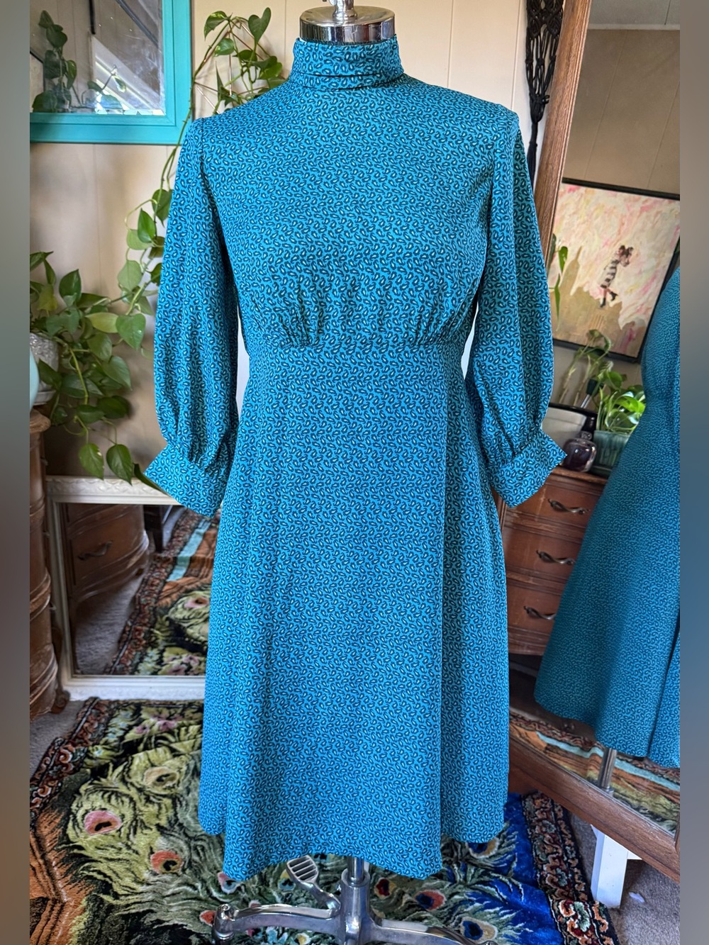 Vintage Paisley Teal Long Sleeve Dress, small